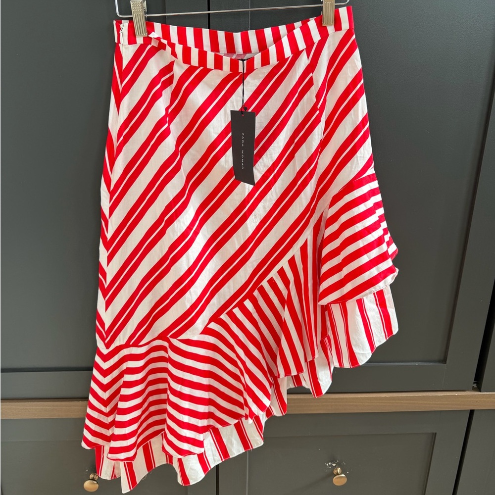 Zara | Asymmetrical Red and White Striped Skirt | M | NWT - Picture 3 of 11